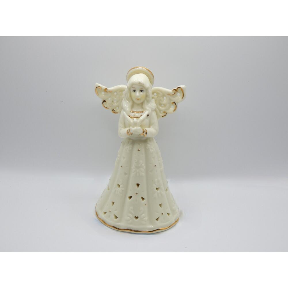 Vintage Angel Figurine – Porcelain Gold Trim – Candle Holder – Holding Bird